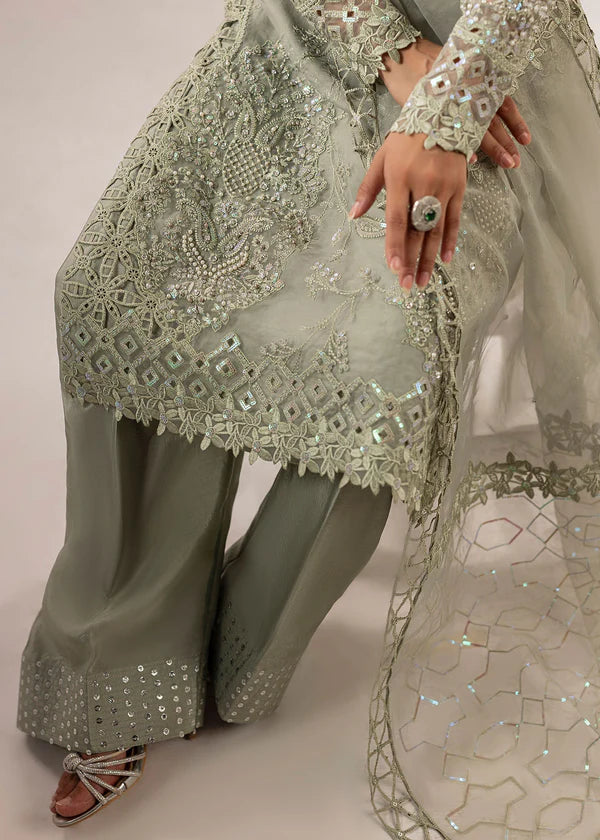 Moss green embroidered organza kurta set with matching dupatta – 3 piece festive and party wear outfit for women.