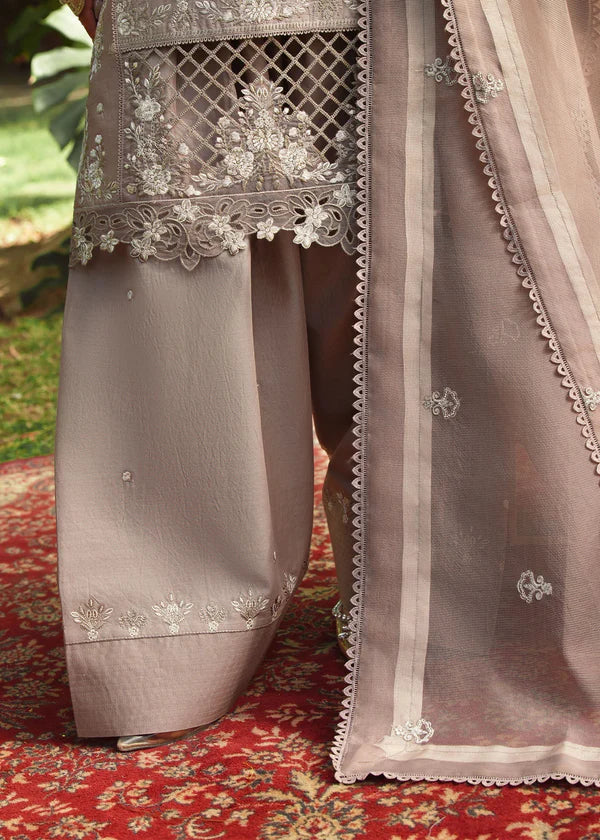 Beige embroidered lawn kurta set with farshi shalwar and organza net dupatta – 3-piece summer festive outfit for women.