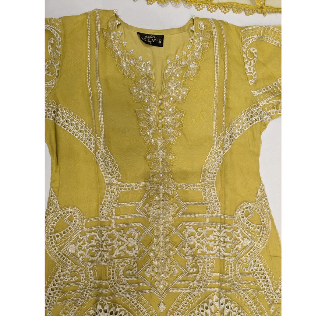 Lime Yellow Chikankari 3 Piece Stitched Outfit with Embroidered Dupatta