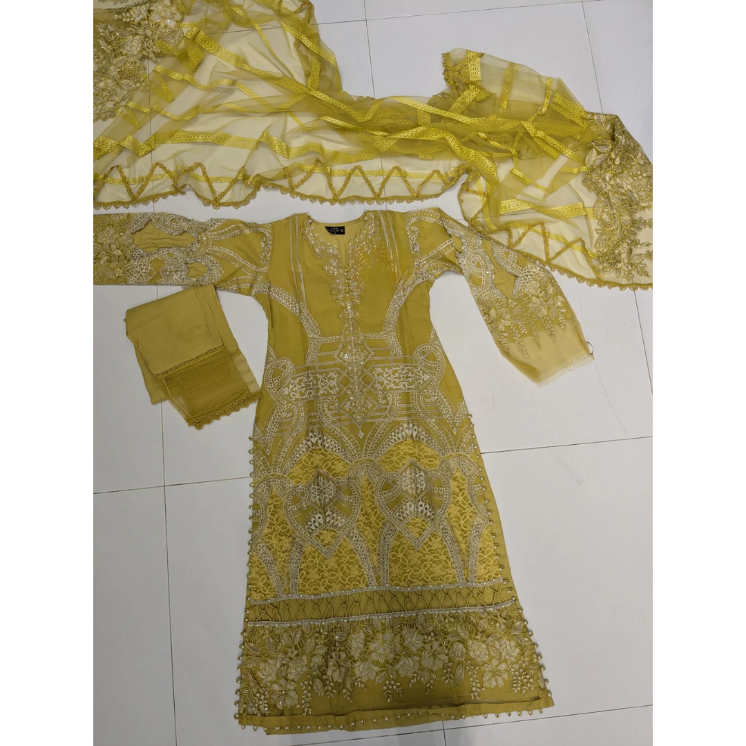 Lime Yellow Chikankari 3 Piece Stitched Outfit with Embroidered Dupatta