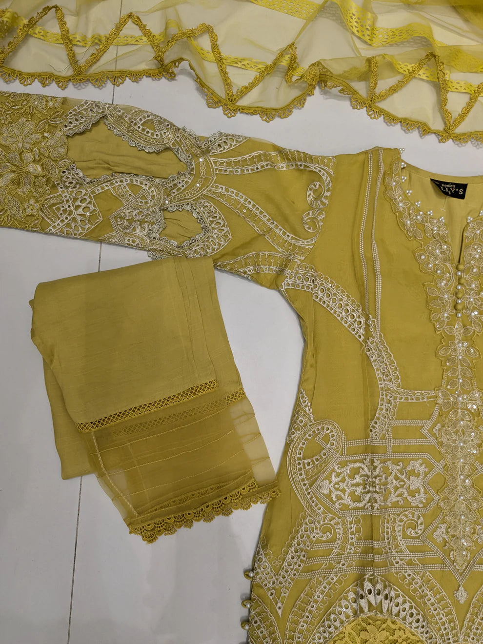 Lime yellow chikankari lawn 3 piece outfit with chiffon dupatta
