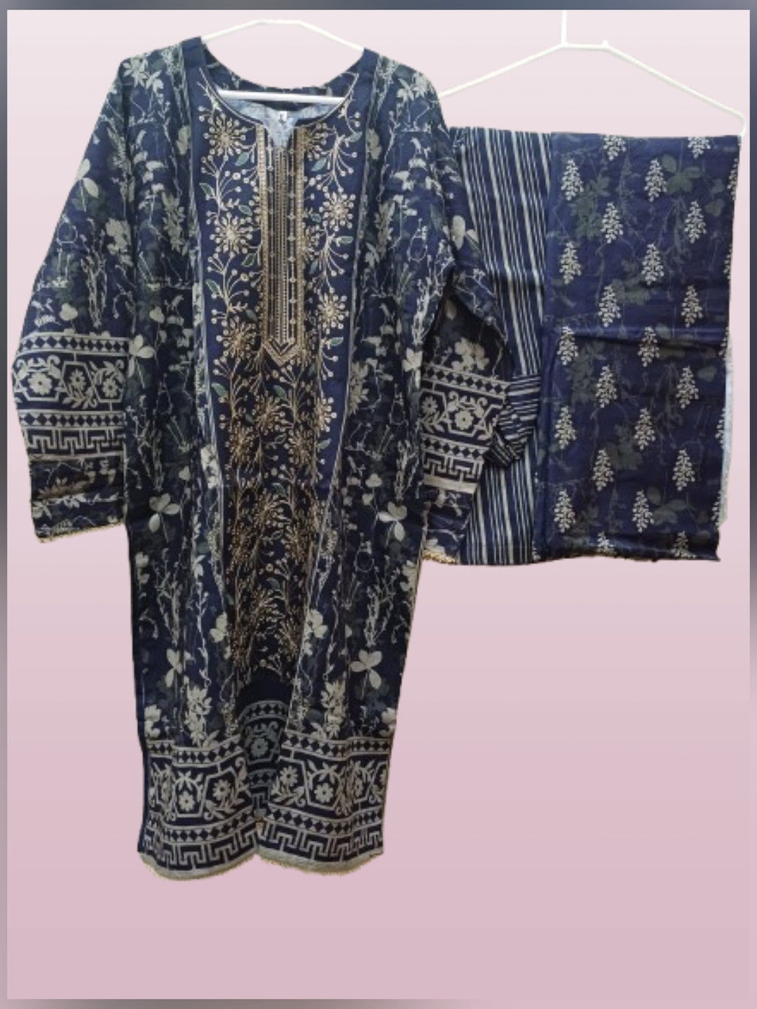 3-piece khaddar winter suit with heavy front embroidery and tilla work