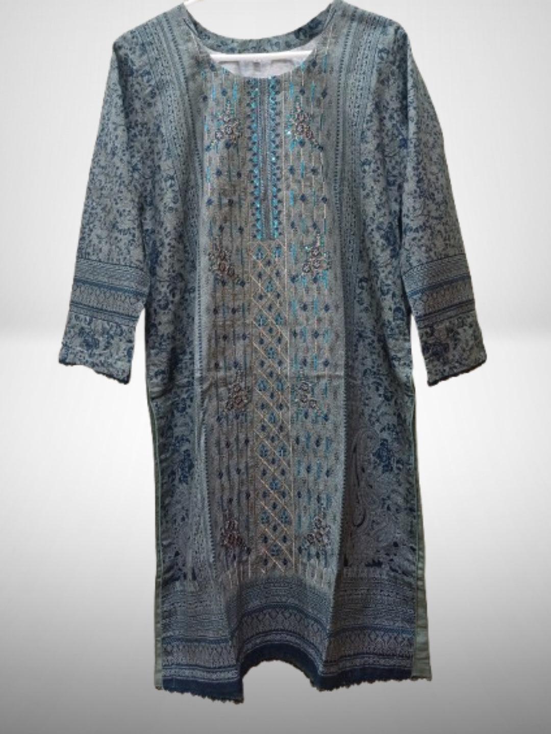 Blue and sage green khaddar 3-piece Pakistani winter suit set