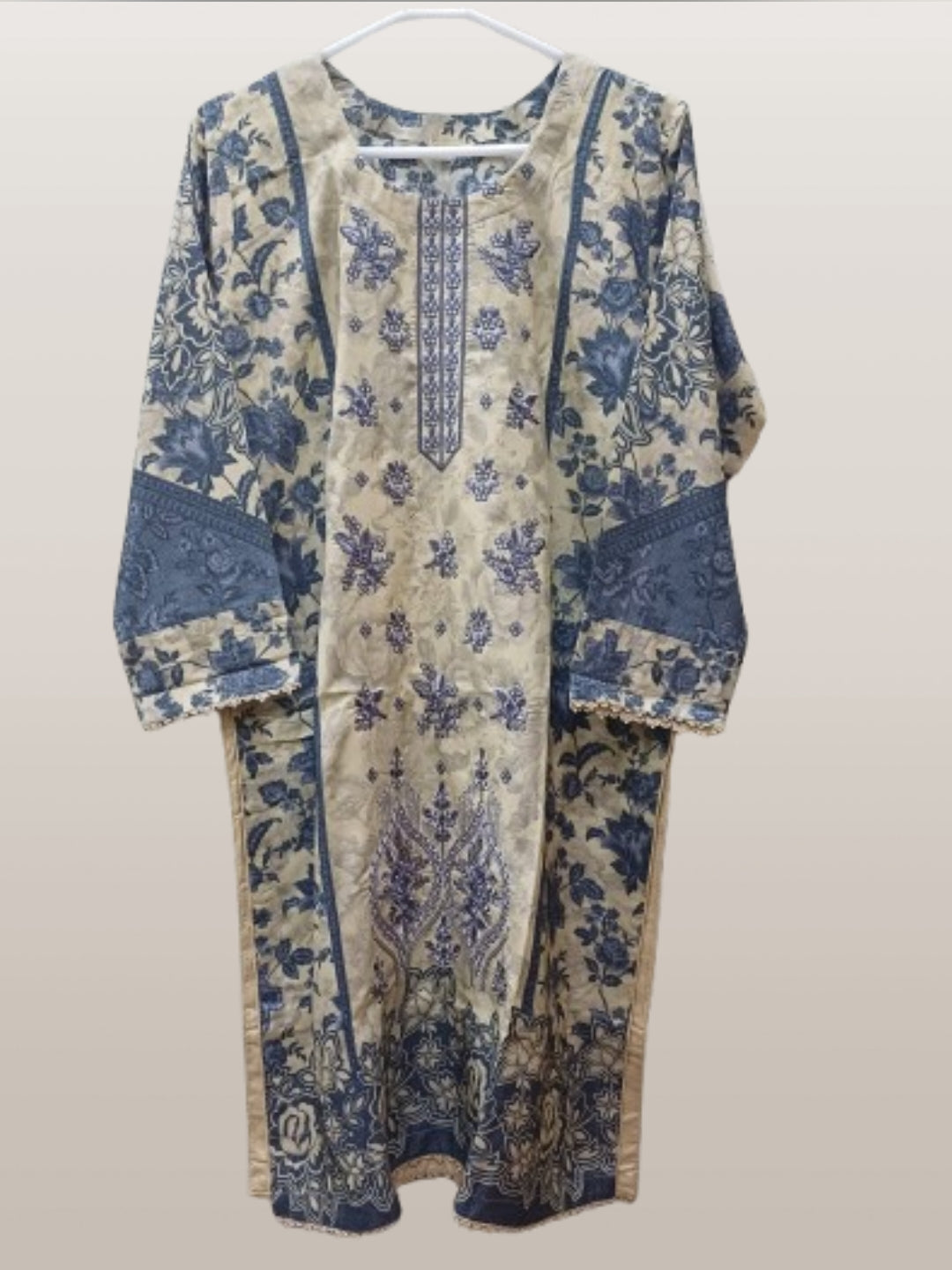 Pakistani winter Danak suit in beige and blue tones
