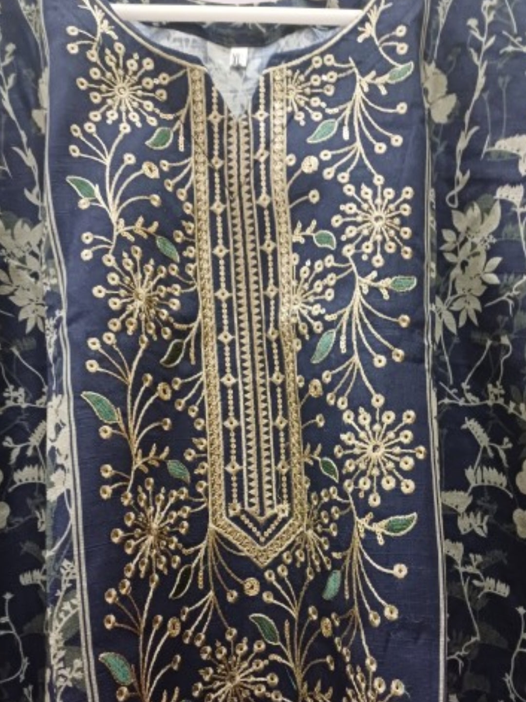 Ready-to-wear khaddar suit with heavy embroidery and striped pants