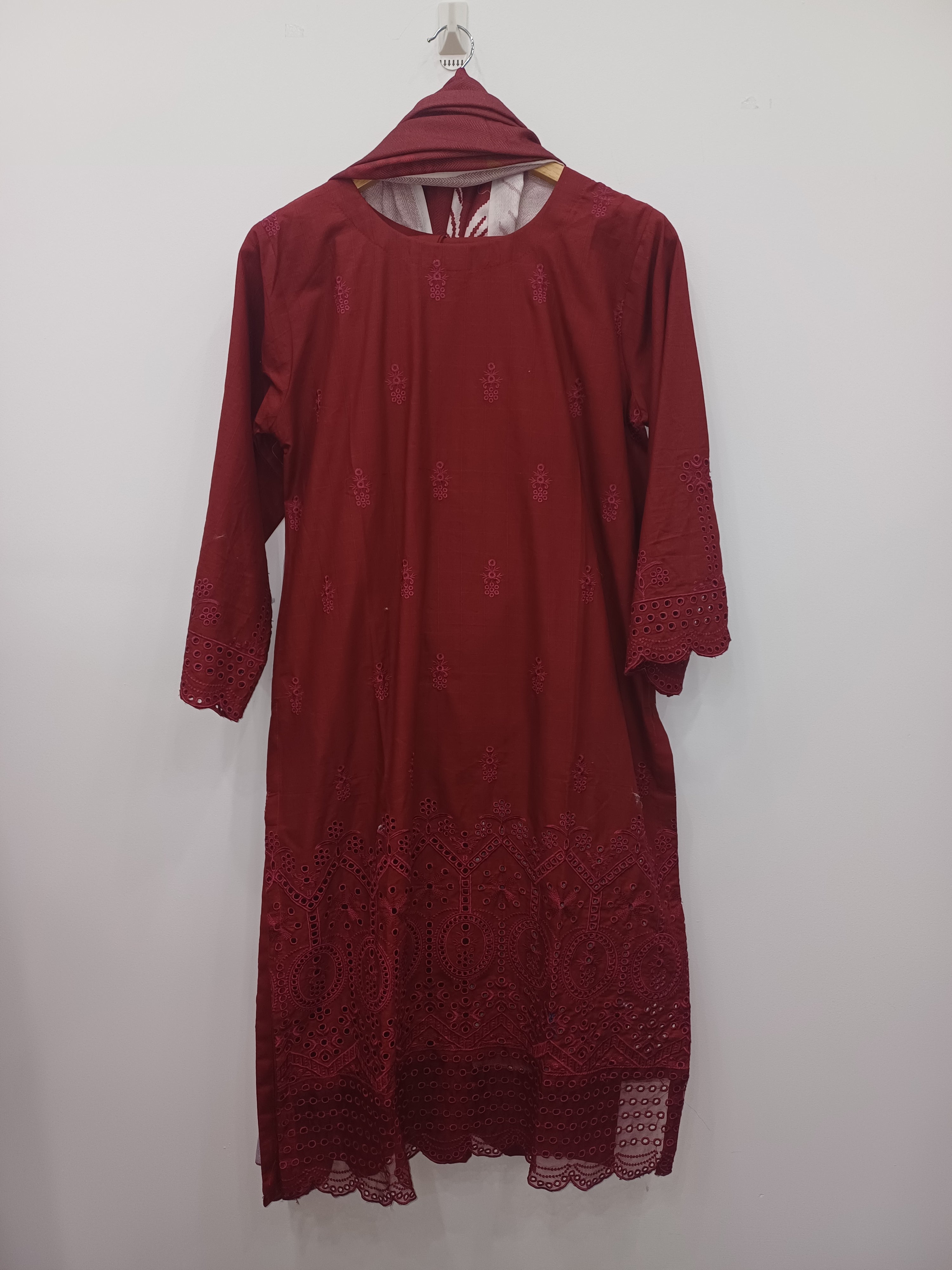 Red Cotton Embroidered Kurta Set with Printed Dupatta – 3 Piece