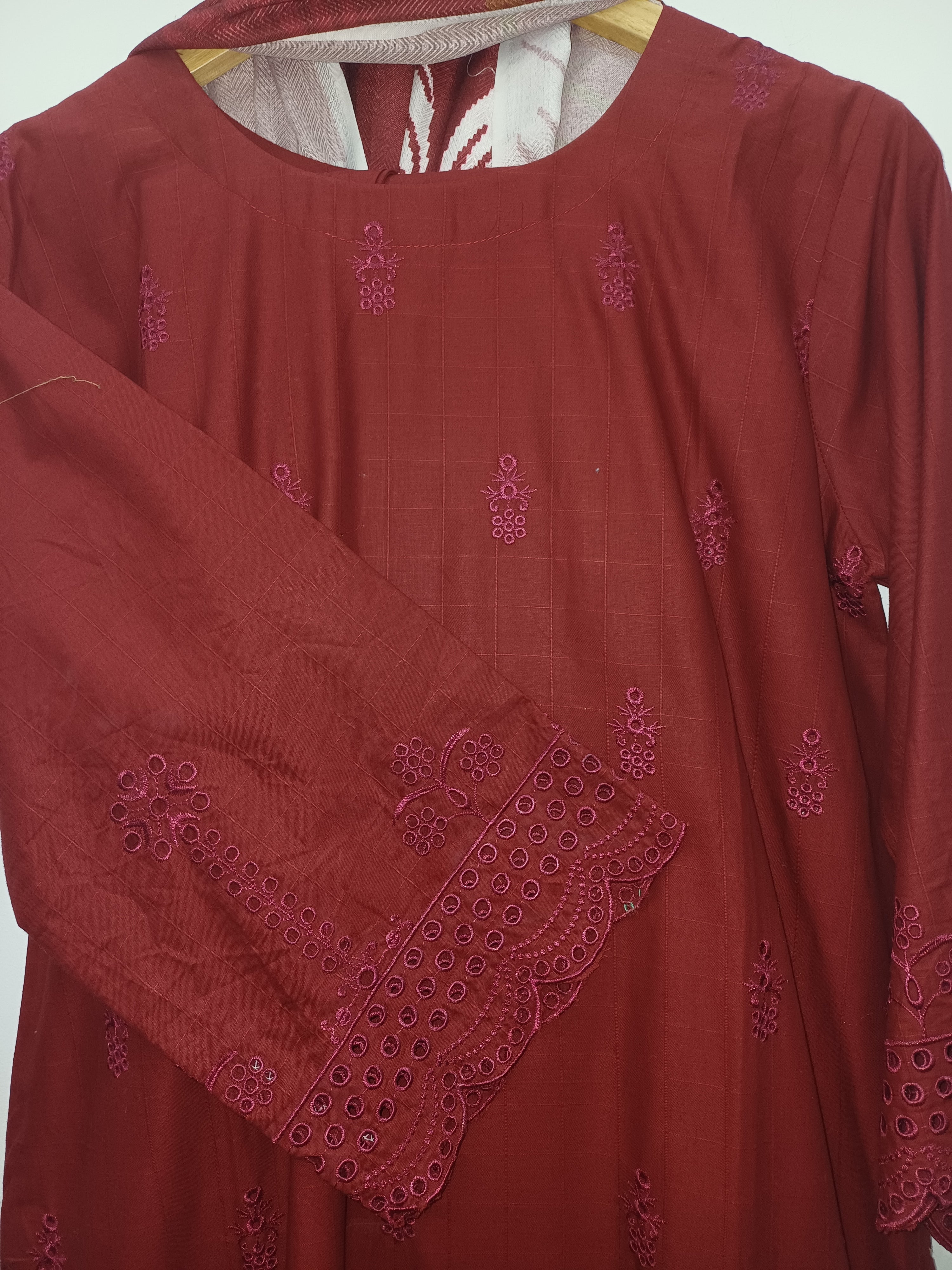 Red Cotton Embroidered Kurta Set with Printed Dupatta – 3 Piece