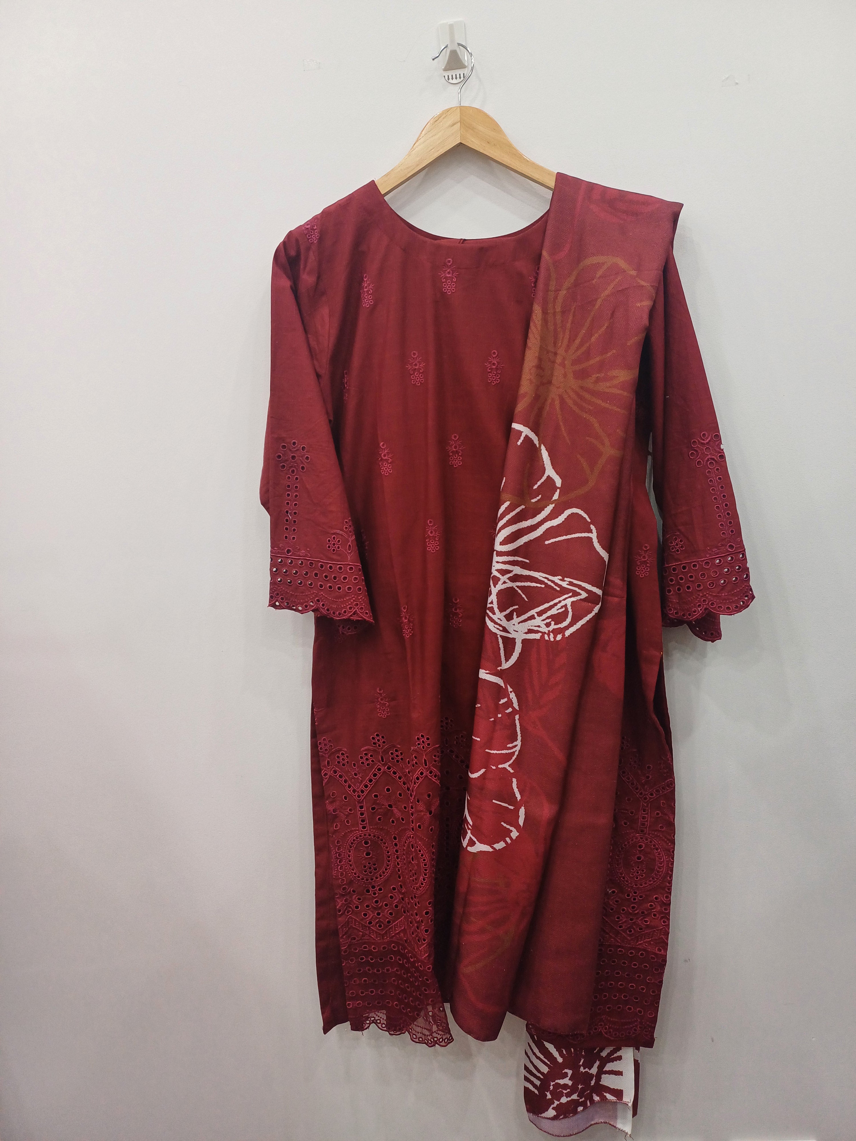 Red Cotton Embroidered Kurta Set with Printed Dupatta – 3 Piece