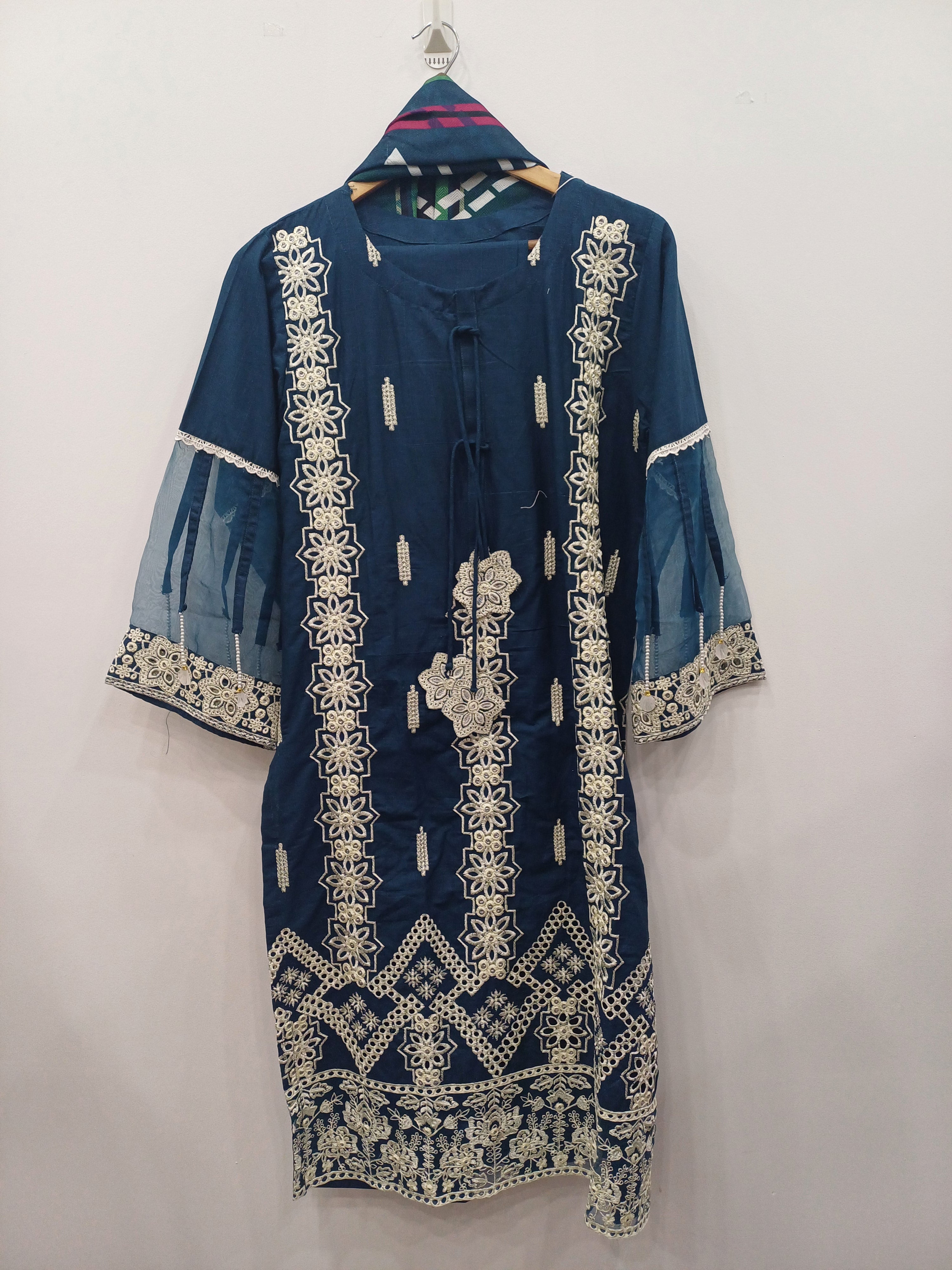 Blue Cotton Embroidered Kurta Set with Printed Shawl – 3 Piece