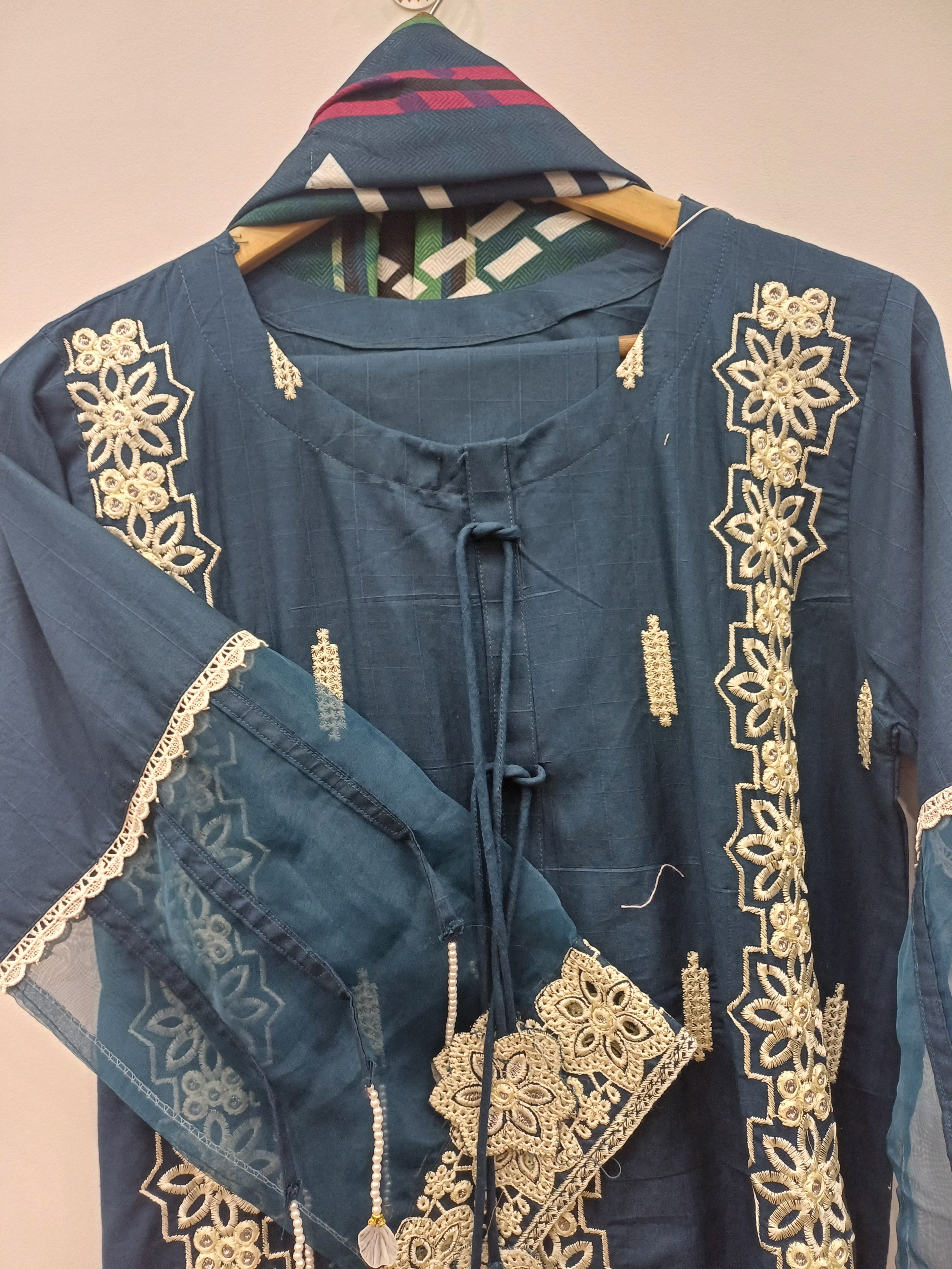 Blue Cotton Embroidered Kurta Set with Printed Shawl – 3 Piece