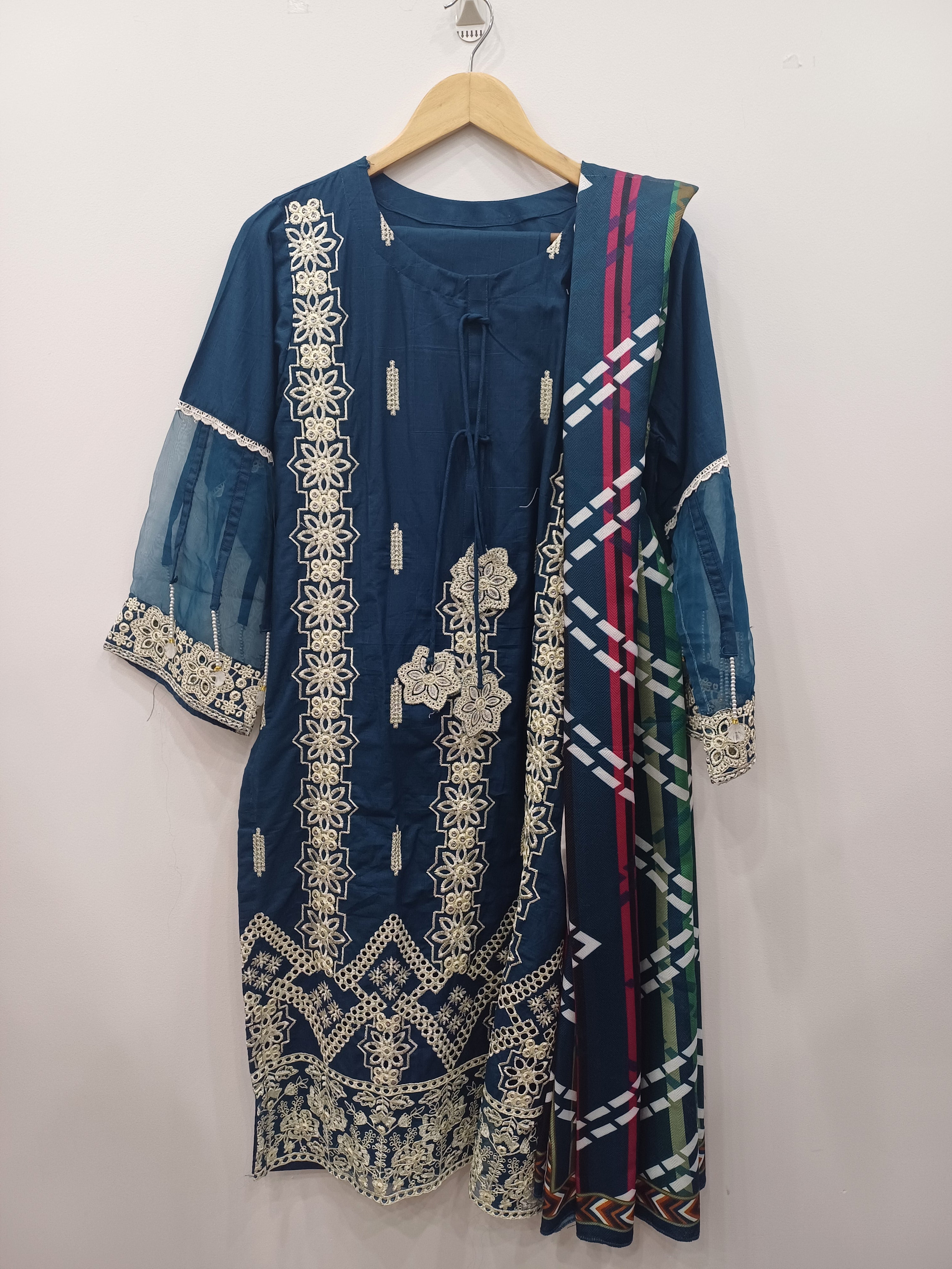 Blue Cotton Embroidered Kurta Set with Printed Shawl – 3 Piece