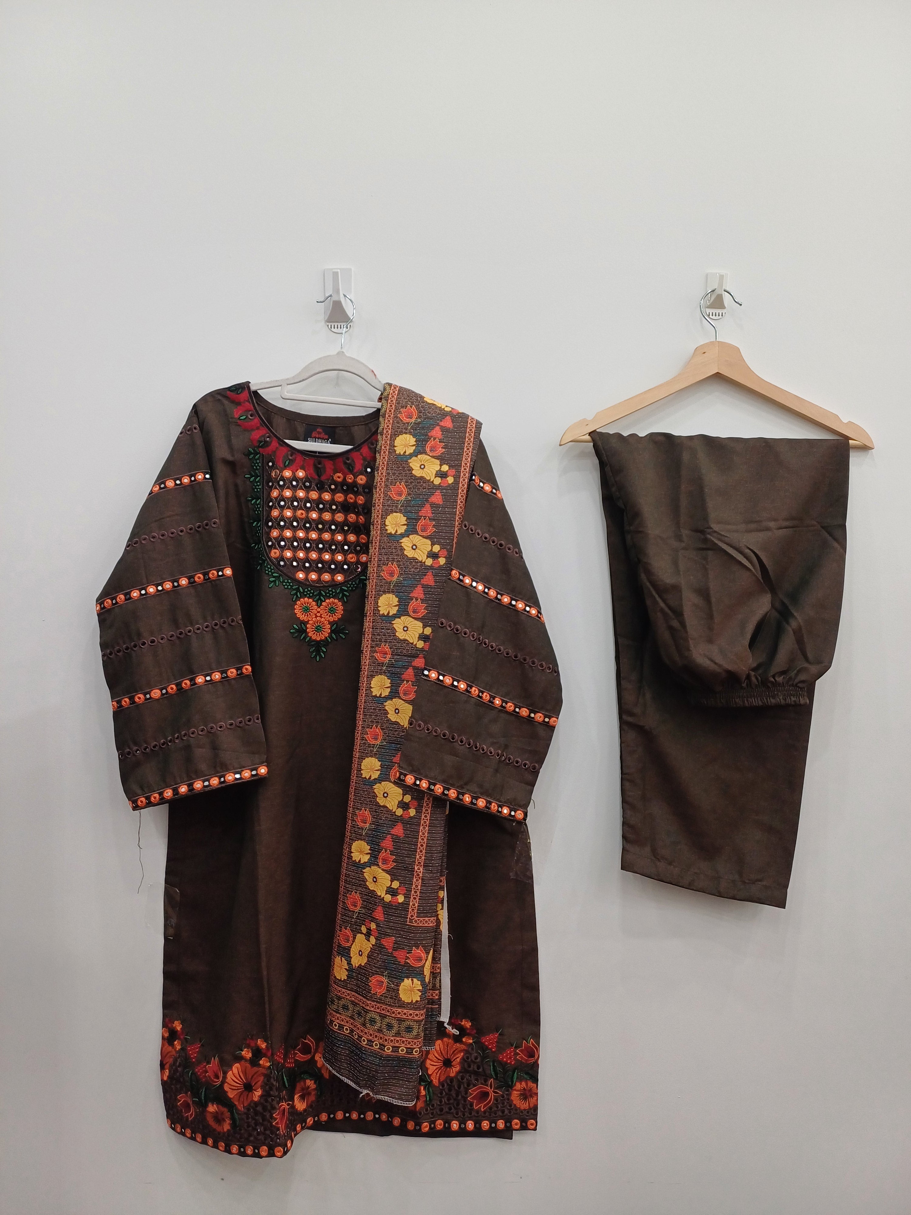 Brown Mirrorwork Multi Embroidery with Printed Karandi Shawl – 3PC Suit