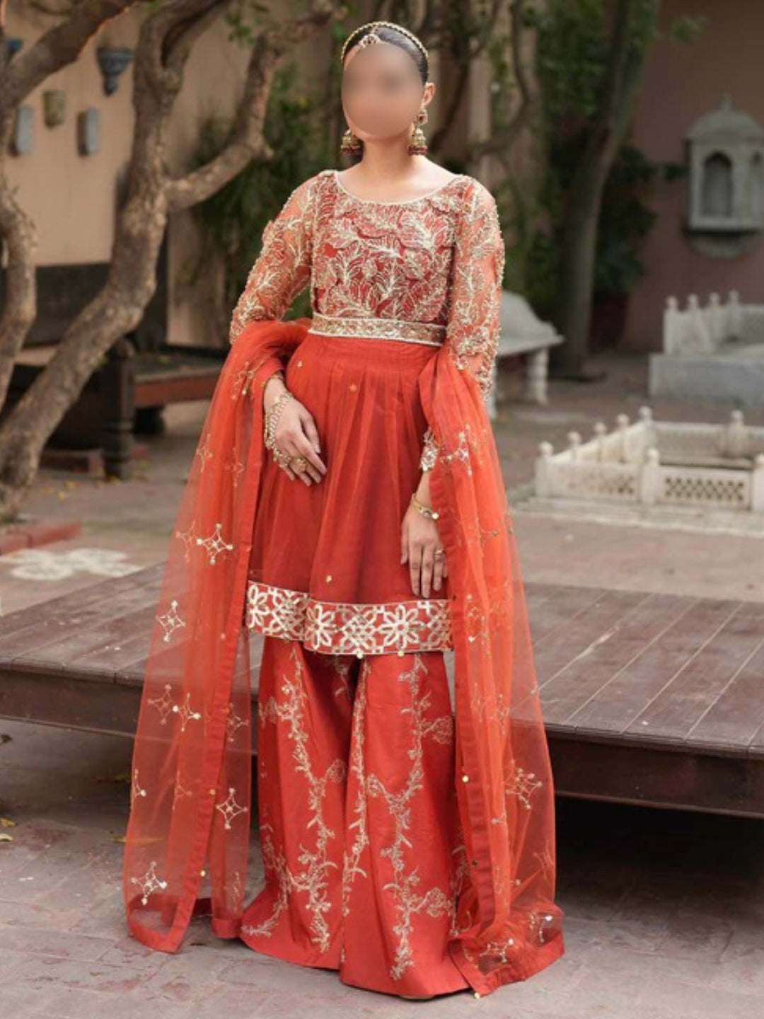 Embroidered Peplum Sharara Dress – Festive Pakistani Attire – Minaar