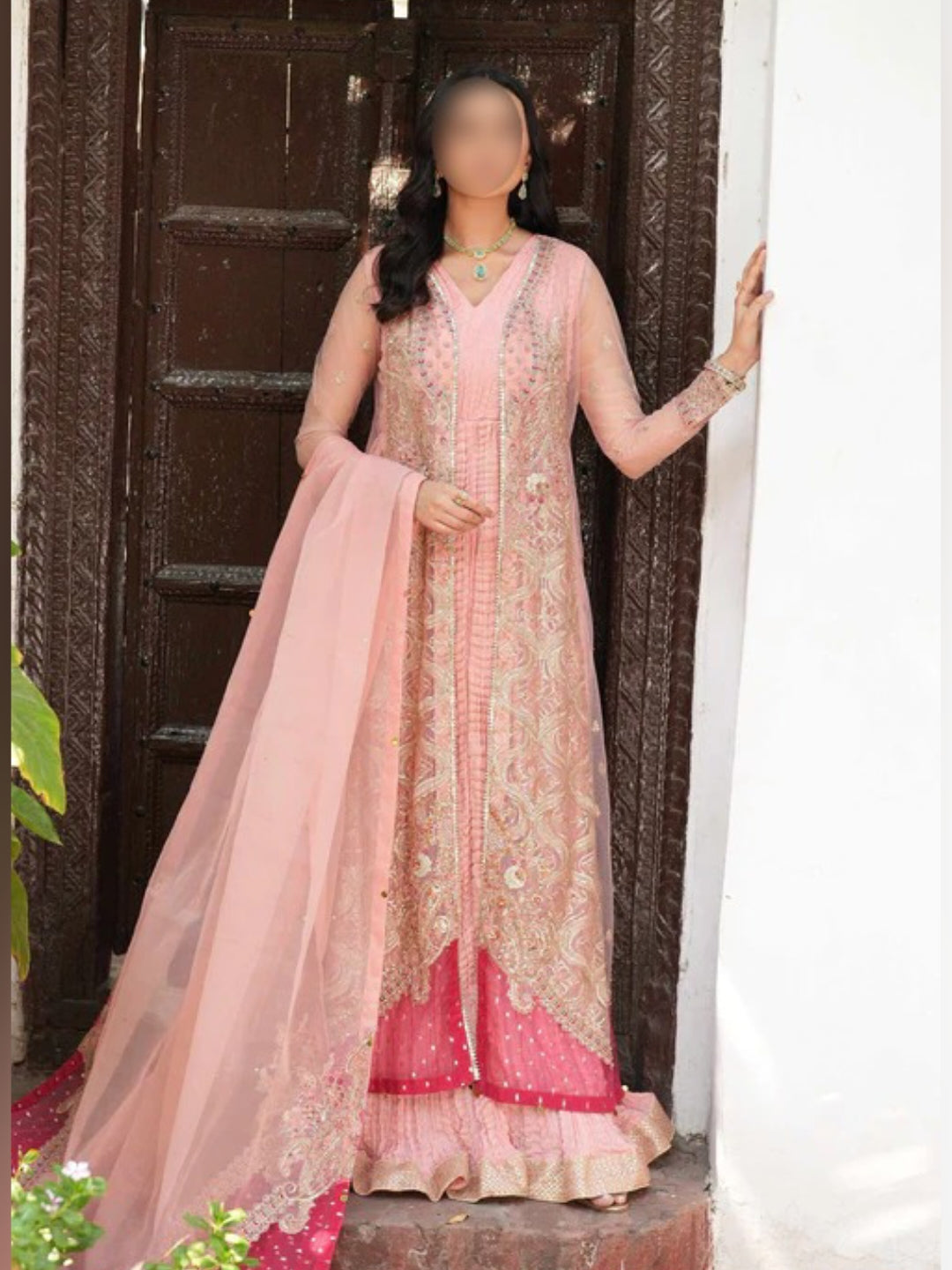 Royal Pink Embroidered Gown Set – Minaar - Main Image