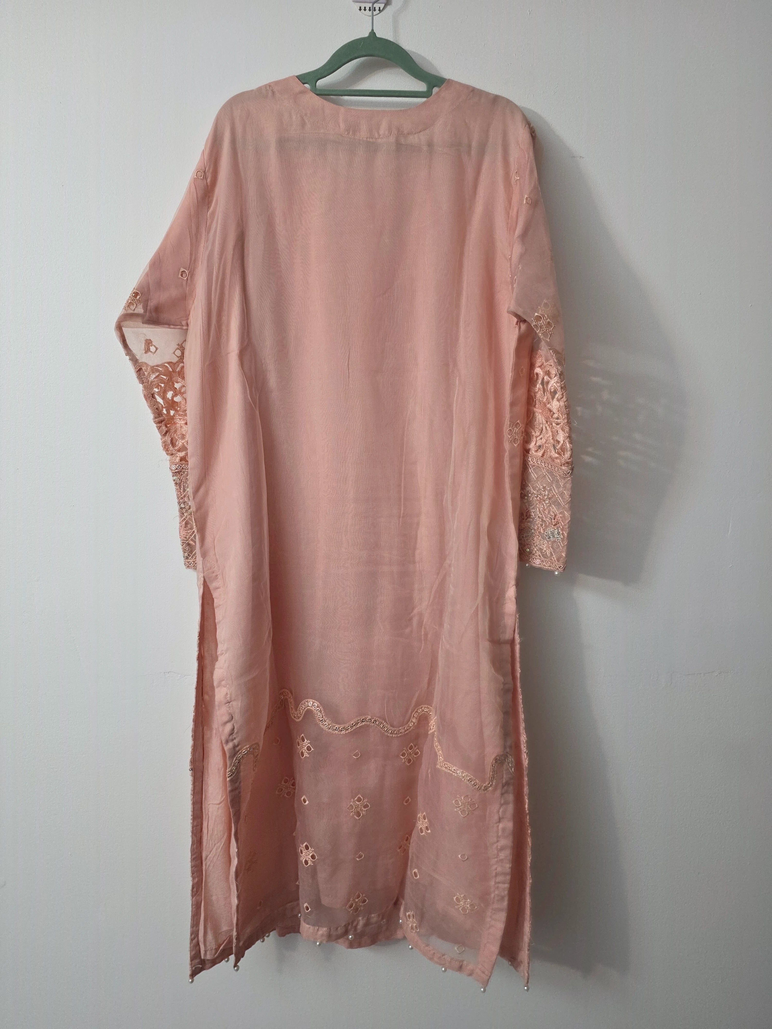 Peach pink organza Pakistani suit with delicate embellishment