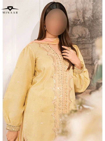 Lime Yellow Embroidered Kurta Set | 3-Piece Outfit with Farshi Shalwar & Crushed Chiffon Dupatta