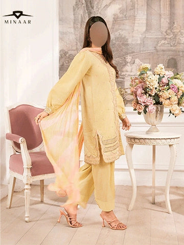 Lime Yellow Embroidered Kurta Set | 3-Piece Outfit with Farshi Shalwar & Crushed Chiffon Dupatta