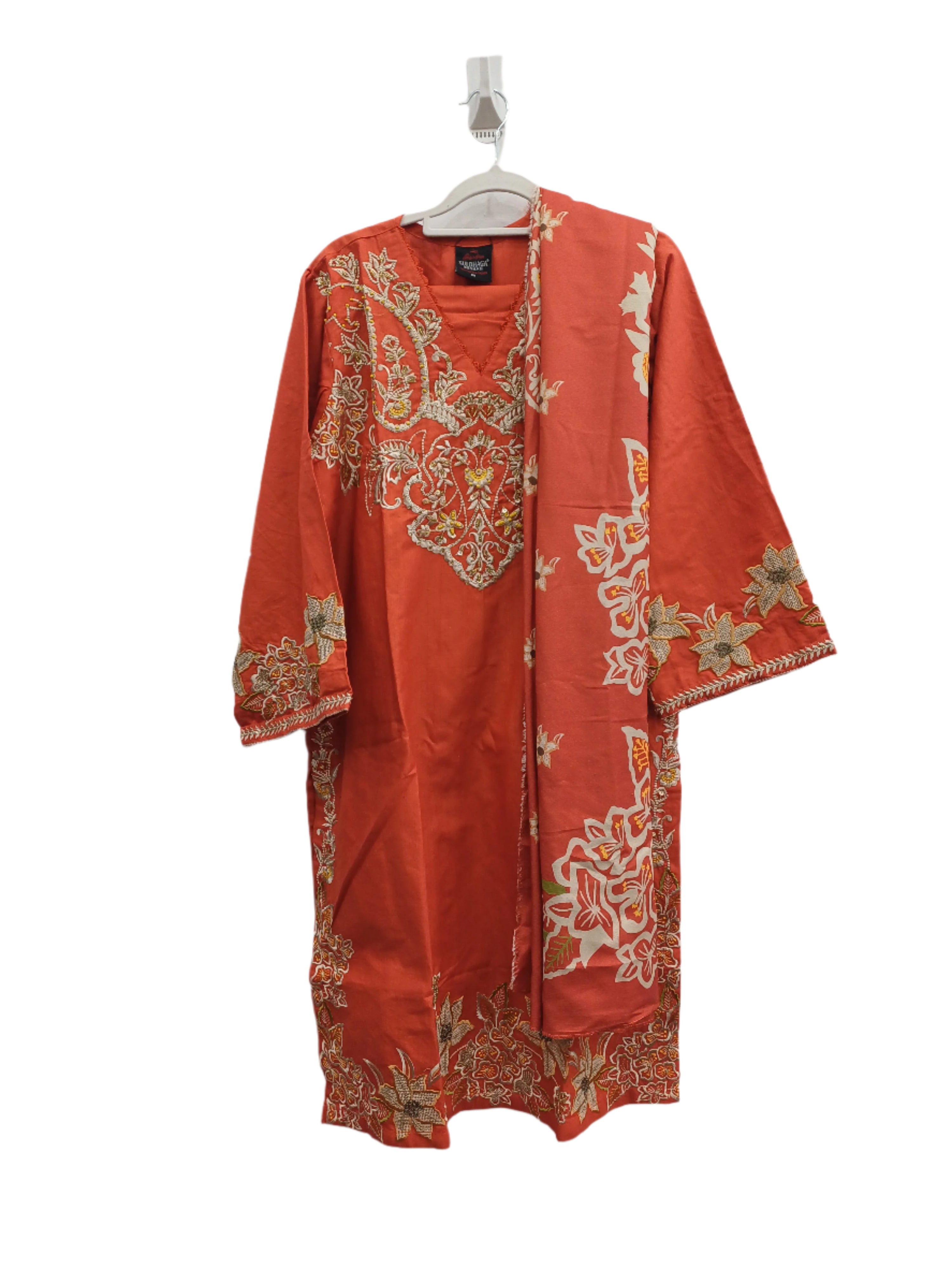Orange Fancy Khaddar Suit with Shawl | Embroidered Pakistani Ready-to-Wear 3-Piece Suit