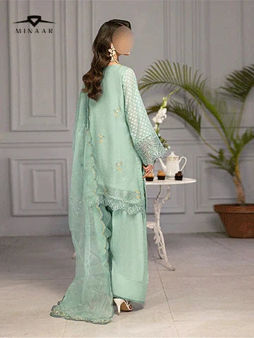 Aqua Hand-Embellished Khaddi Cotton Net Suit with Organza Dupatta & Russian Grip Trouser