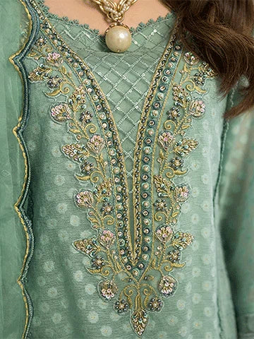 Aqua Hand-Embellished Khaddi Cotton Net Suit with Organza Dupatta & Russian Grip Trouser