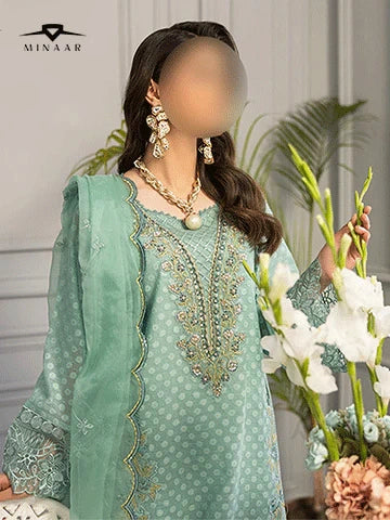 Aqua Hand-Embellished Khaddi Cotton Net Suit with Organza Dupatta & Russian Grip Trouser