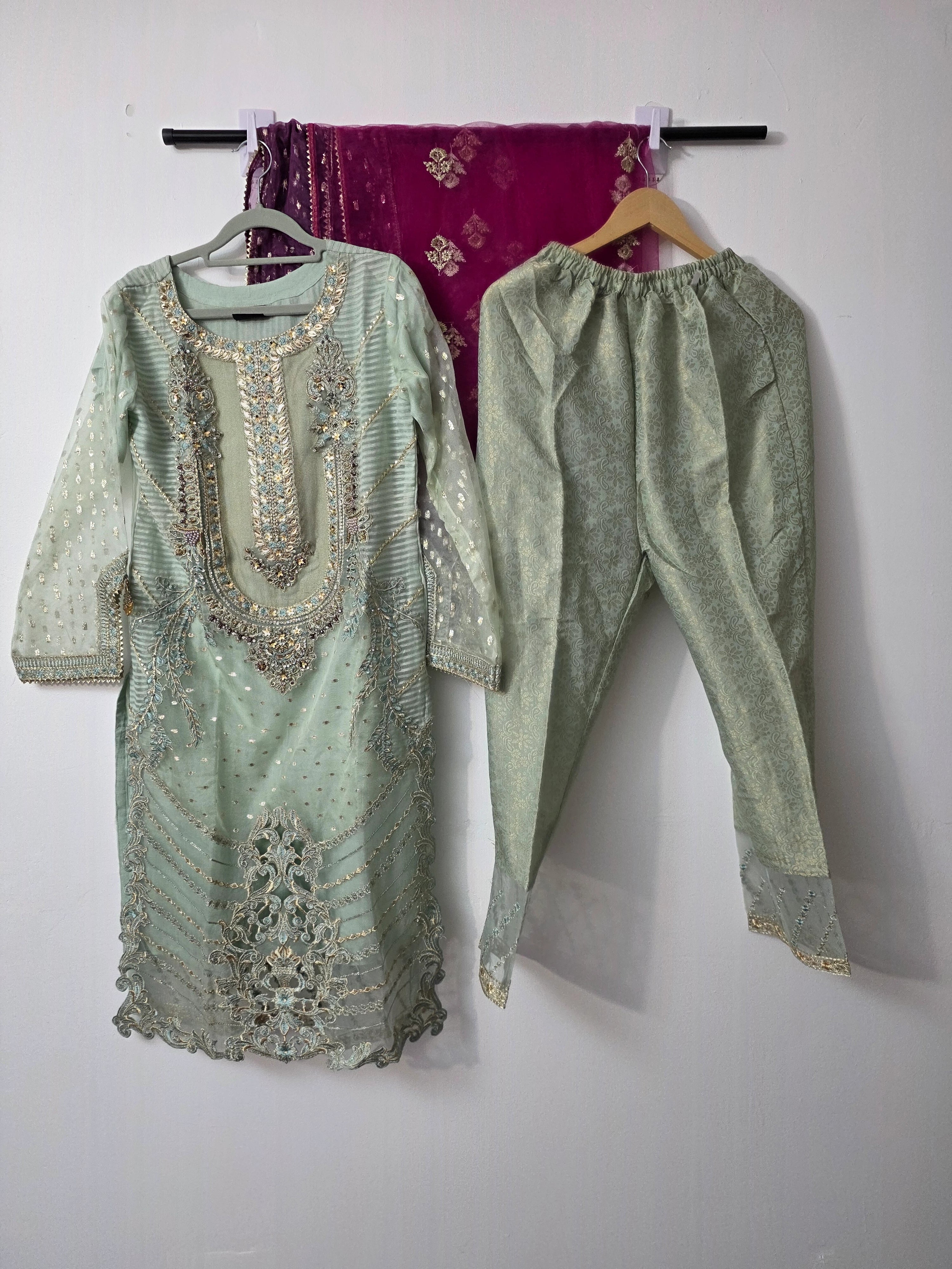 Aqua Pakistani 3 piece embroidered suit for wedding and formal wear