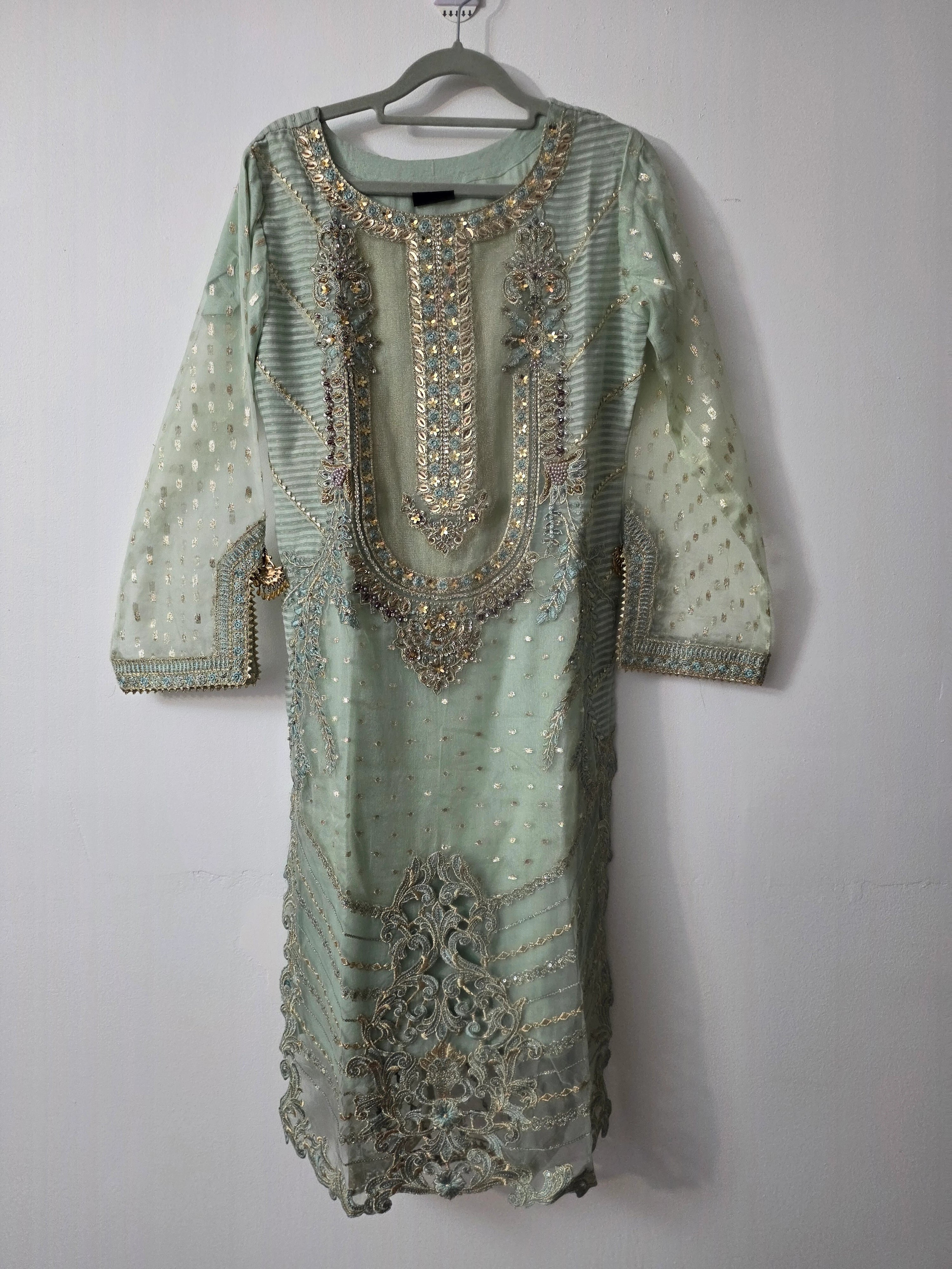 Aqua embroidered Pakistani dress with matching dupatta and trouser