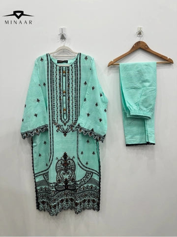 Aqua Slub Cotton Embroidered Kurta Set with Khaddi Net Dupatta – 3 Piece
