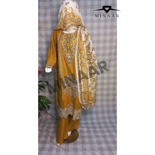 Mustard embroidered slub cotton suit with printed khaddi net dupatta.