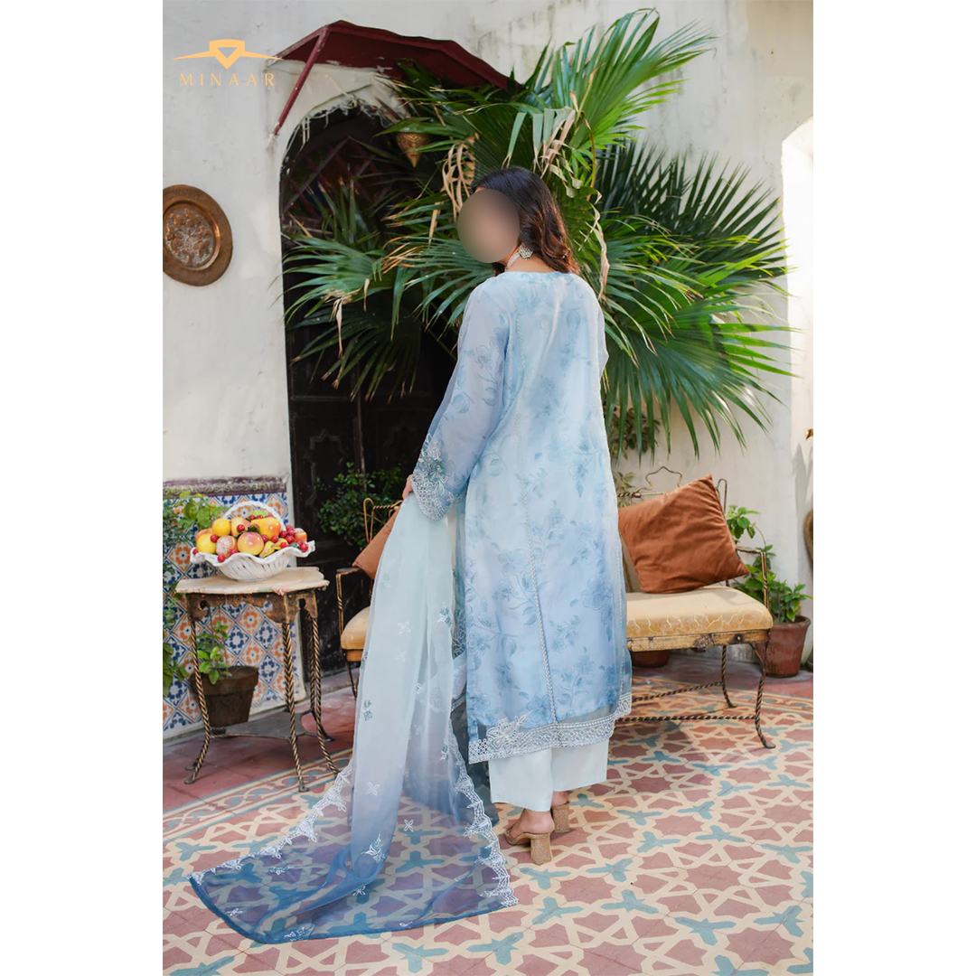 Sky Blue Embroidered Organza 3-Piece Suit with Printed Silk Trouser