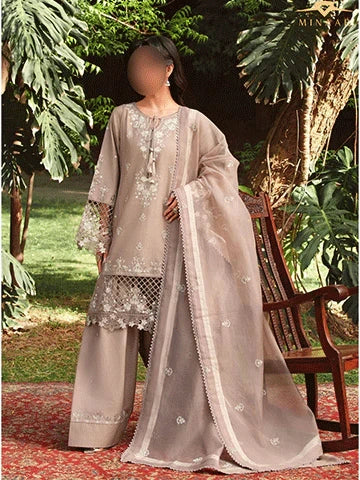 Beige Lawn Kurta Set with Organza Dupatta – 3 Piece Summer Festive Outfit for Women