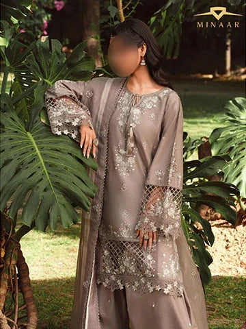 Beige Lawn Kurta Set with Organza Dupatta – 3 Piece Summer Festive Outfit for Women