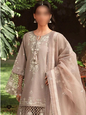 Beige Lawn Kurta Set with Organza Dupatta – 3 Piece Summer Festive Outfit for Women