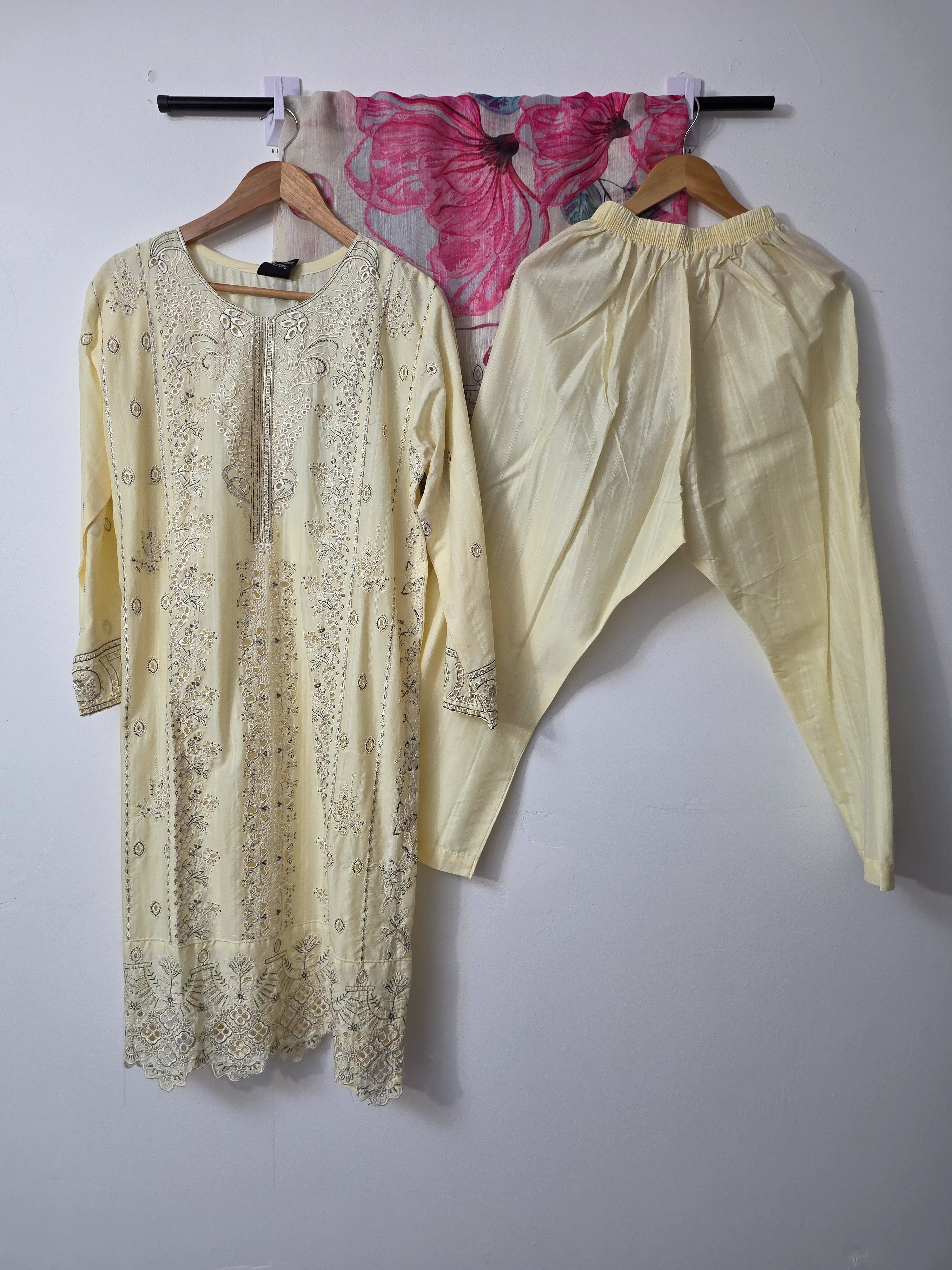 Beige Pakistani cotton 3 piece suit with colorful floral dupatta