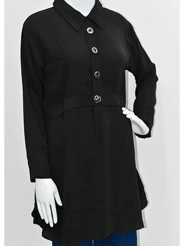 Black Belted Shirt-Style Top with Statement Buttons – Casual & Semi-Formal Wear