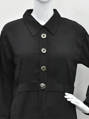 Black Belted Shirt-Style Top with Statement Buttons – Casual & Semi-Formal Wear