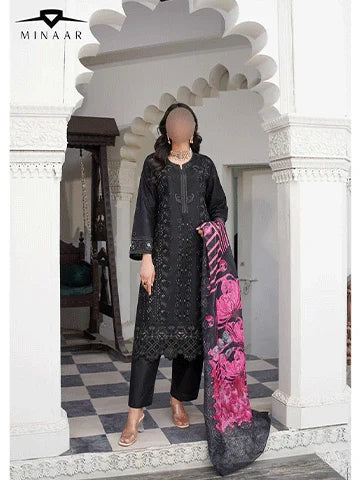 Black Premium Cotton 3-Piece Embroidered Summer Ensemble