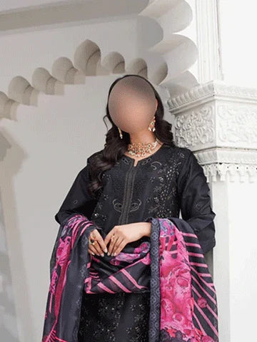 Black Premium Cotton 3-Piece Embroidered Summer Ensemble