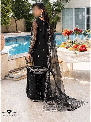 Black Embroidered Kurta Set | 3-Piece Outfit with Farshi Shalwar & Organza Dupatta