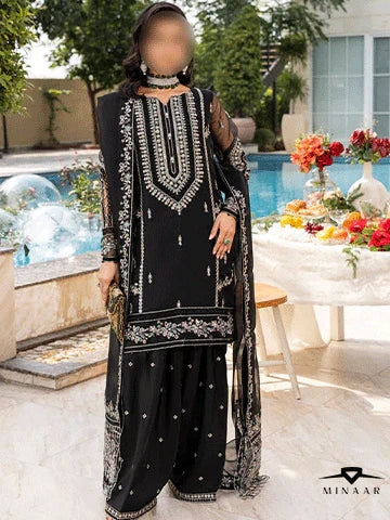 Black Embroidered Kurta Set | 3-Piece Outfit with Farshi Shalwar & Organza Dupatta