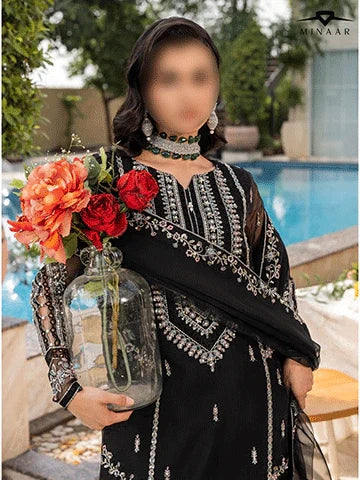 Black Embroidered Kurta Set | 3-Piece Outfit with Farshi Shalwar & Organza Dupatta