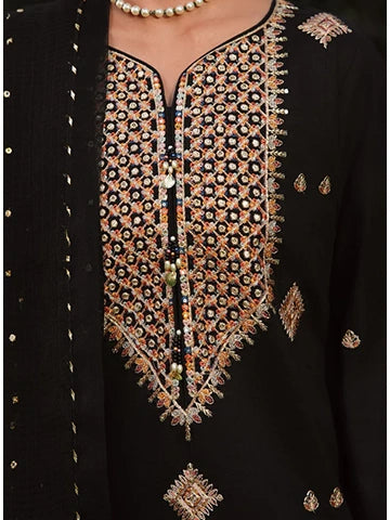 Black Embroidered Kurta Set | 3-Piece Summer Lawn Outfit with Farshi Shalwar & Organza Dupatta