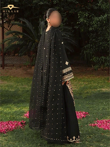 Black Embroidered Kurta Set | 3-Piece Summer Lawn Outfit with Farshi Shalwar & Organza Dupatta