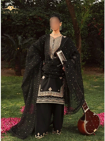 Black Embroidered Kurta Set | 3-Piece Summer Lawn Outfit with Farshi Shalwar & Organza Dupatta