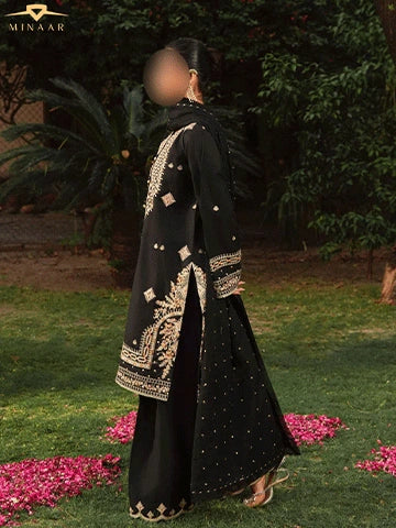 Black Embroidered Kurta Set | 3-Piece Summer Lawn Outfit with Farshi Shalwar & Organza Dupatta