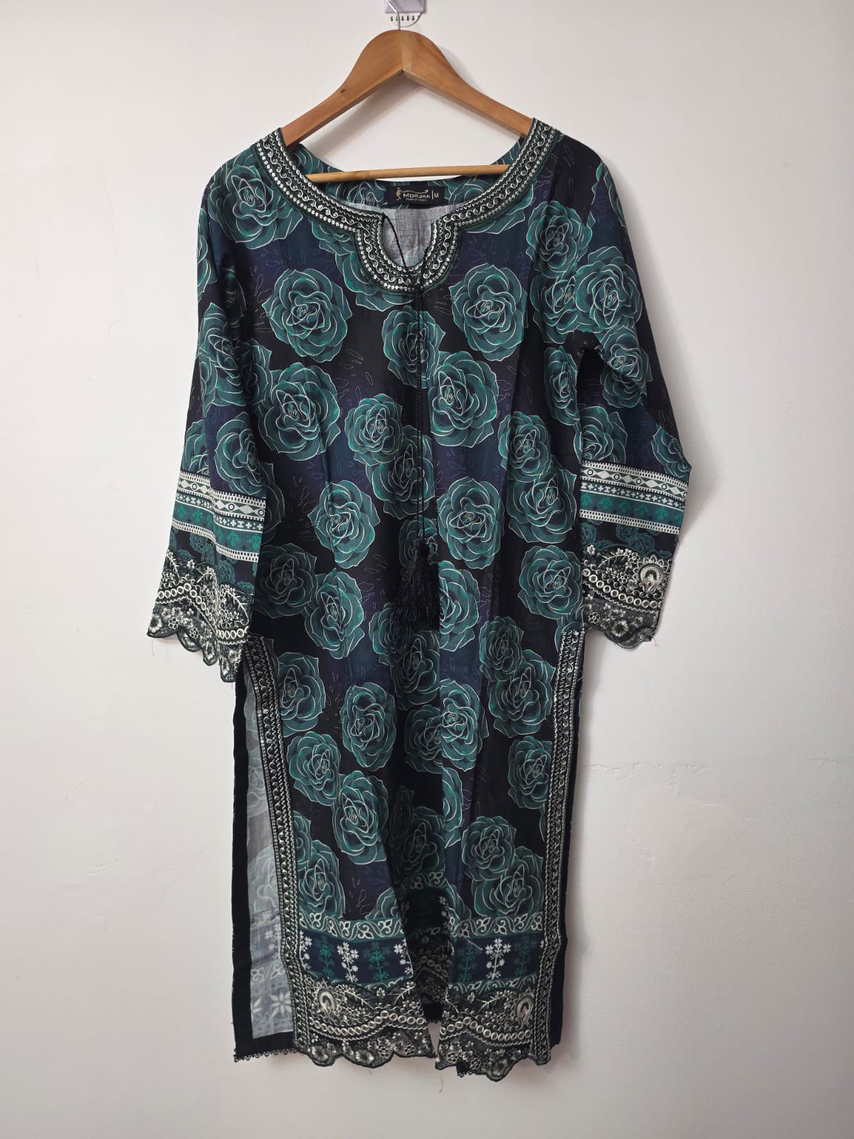 Black and green floral print Pakistani winter outfit