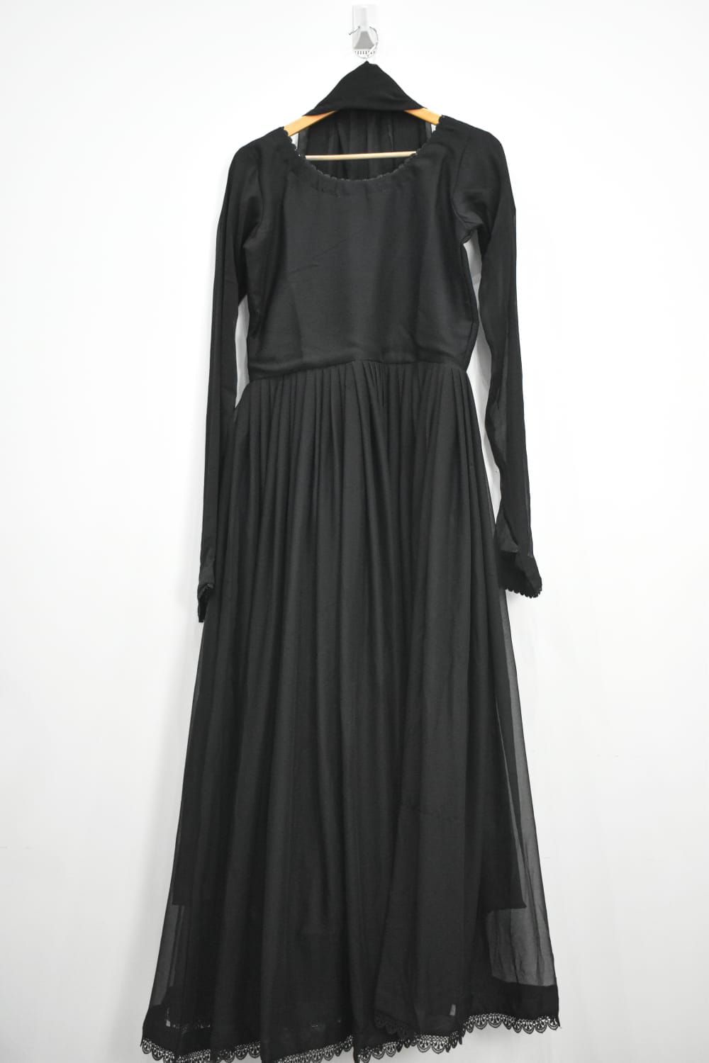 Black chiffon Anarkali frock 3 piece Pakistani suit with matching chiffon dupatta and trouser