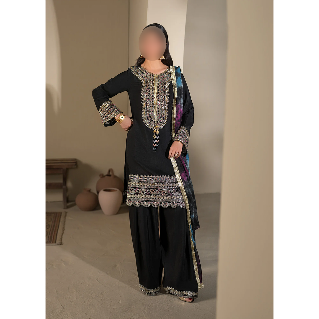 Black embroidered short kurta with Farshi Shalwar and silk dupatta