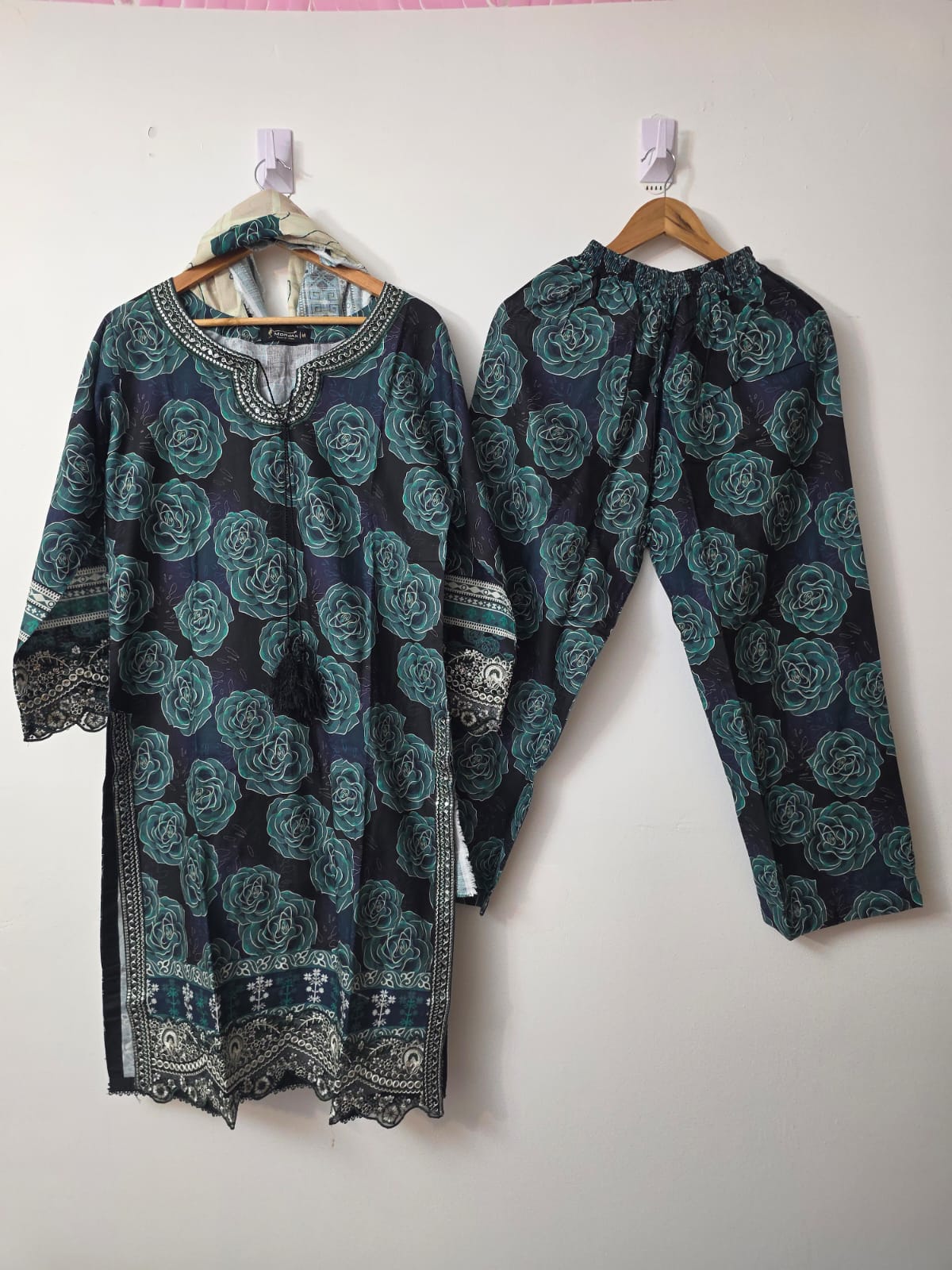 Black green printed Khaddar 3 piece Pakistani suit