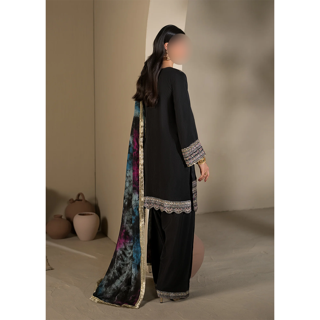 Black wedding guest outfit with tie dye silk dupatta